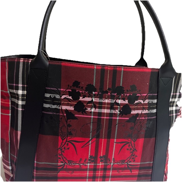 Iconic Victoria's Secret Red Black Plaid Tote Bag Overnight Bag Embroidery NWT - Picture 1 of 10